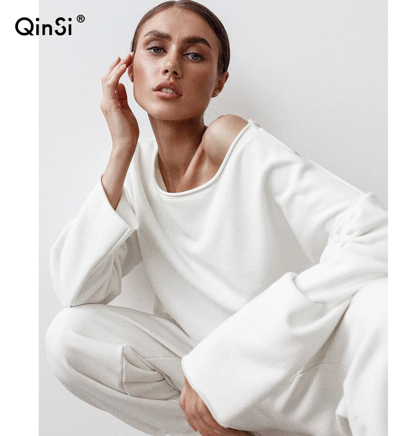 Толстовка QINSI Женская однотонная, уличная одежда, повседневный свитшот, худи, повседневный Топ, весна-осень