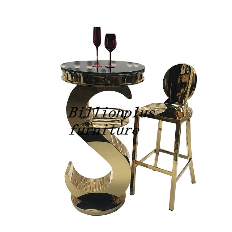 New design gold metal clear glass top nightclub bar table party stool Dubai bar table