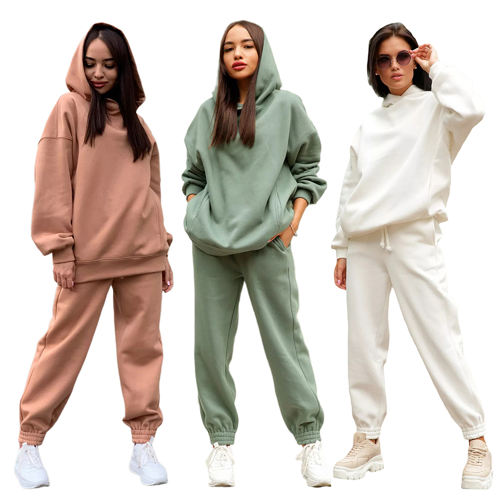 Factory Made Custom Blank Solid Sweat Pant Sets Casual Women Sweatpants and Hoodie Set