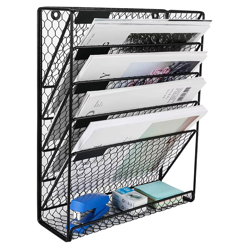 New Office Home Metal Chicken Wire Wall Mount 6 Tier Black Hanging File Holder Organizer for Book Magazine Rack