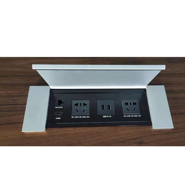 OTi-furniture flip integrated wire box on modern desk with optional plug and universal adapter WSGB7
