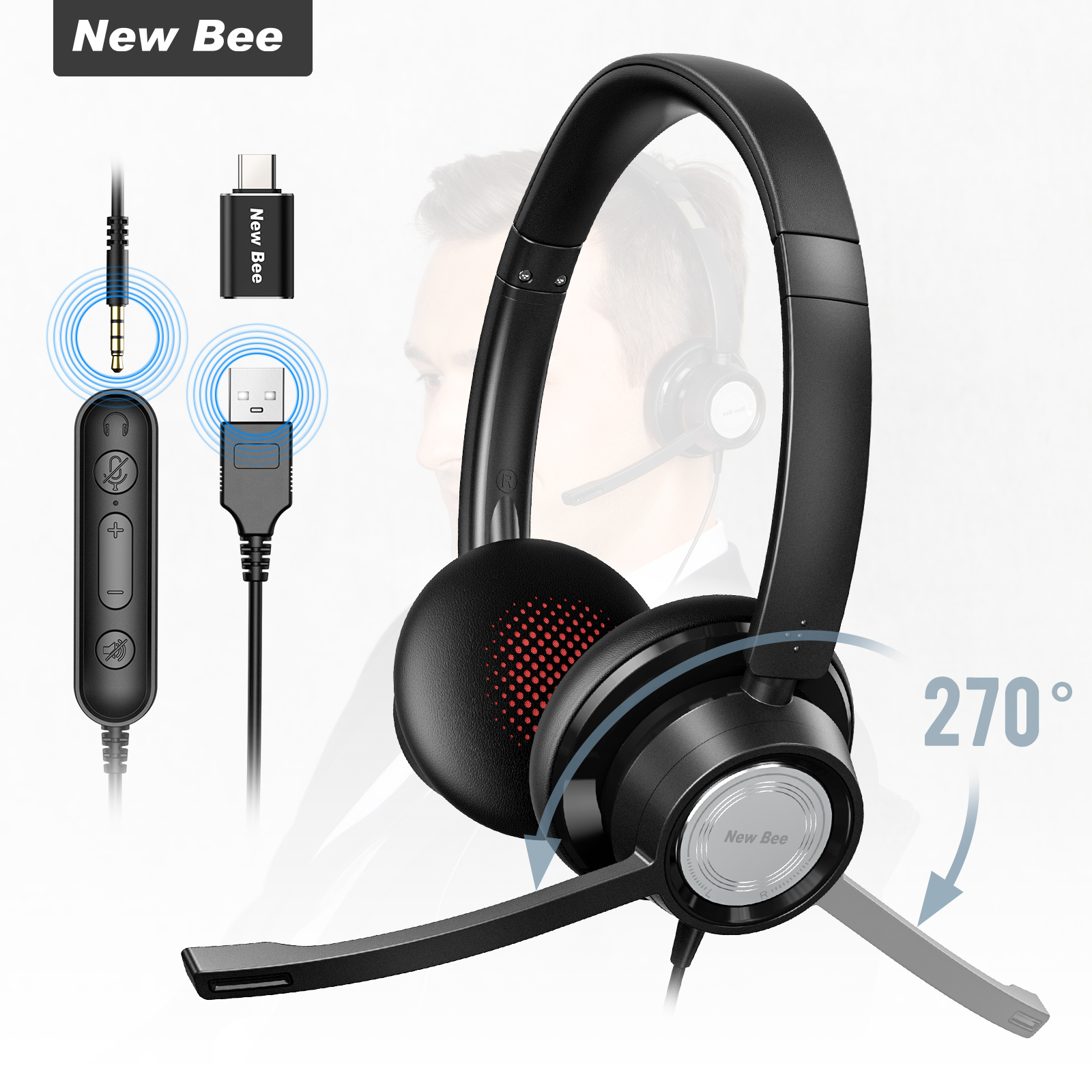 New Bee H362 Премиум Проводные стереонаушники, гарнитура для колл-центра, игровая головка, комплект Usb-гарнитуры с микрофоном и шумоподавлением