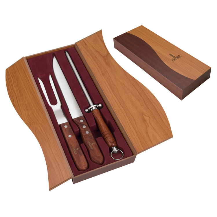 Premium customization BBQ knife fork and sharpening bar Steak knife 3Pcs set with rose wood gift box