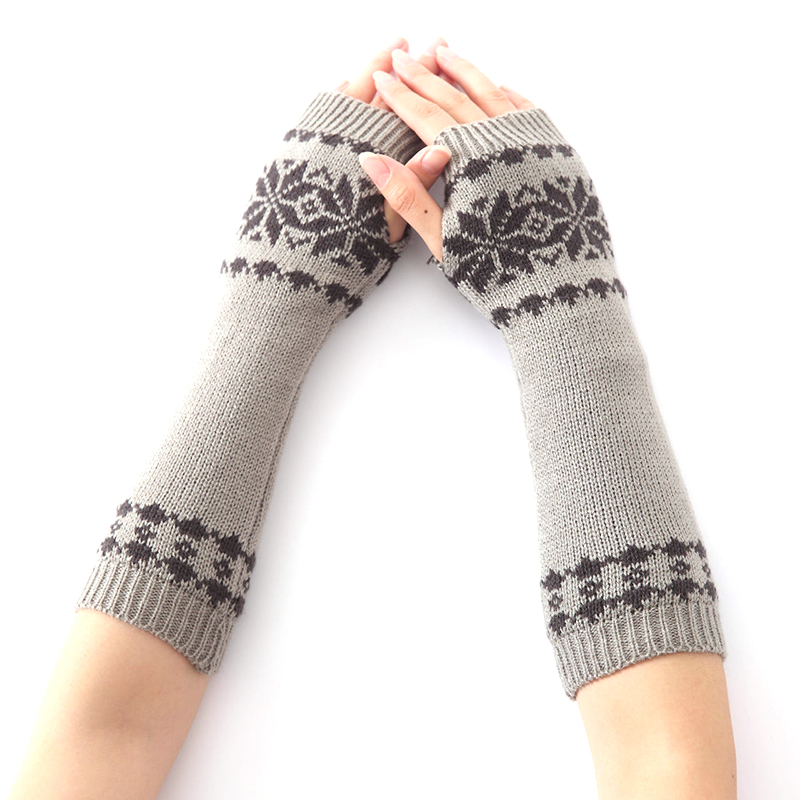 Winter Snowflake Pattern Arm Warm Knitted Fingerless Long Gloves For Women High Elastic Winter Warm