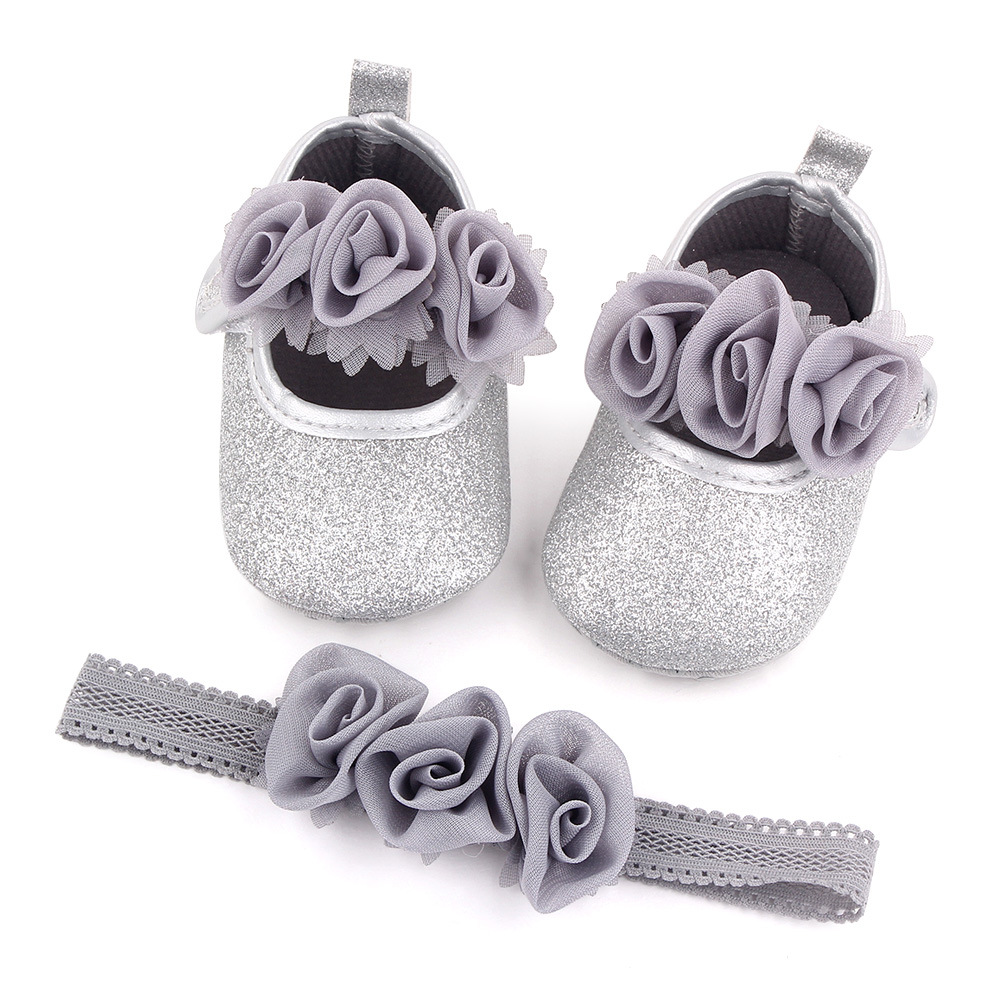 Spring Autumn Breathable Non-slip Baby Girl Ballet Shoes Headband Set Sparkle Flower Flats Shoe