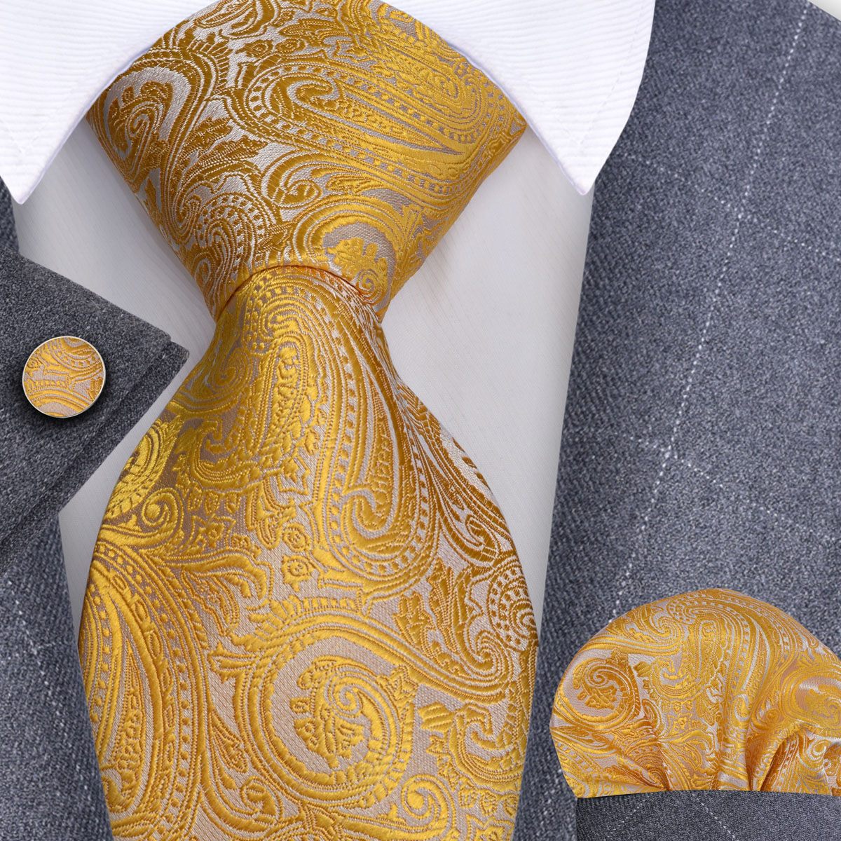 8cm Silk Luxury Mens Ties Floral Black Gold Ties Paisley NeckTie Pocket Square Cufflinks Set Men's Wedding Party Tie