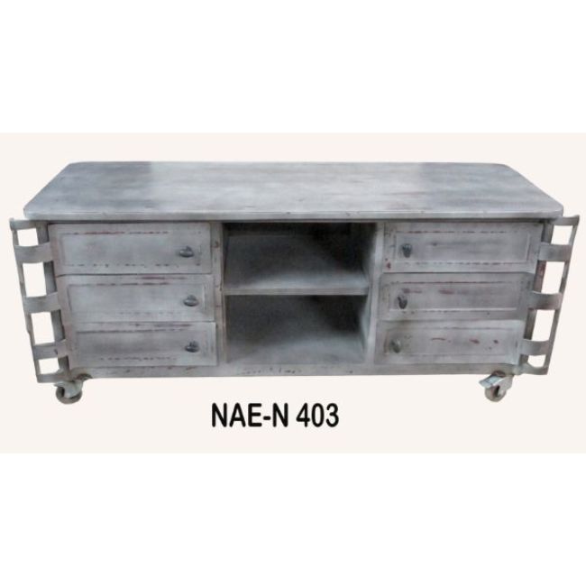 Industrial & Vintage Metal TV Entertainment Unit Living Room Furniture with Drawers & Wheels-for Home Farmhouse Hotel Hall Use