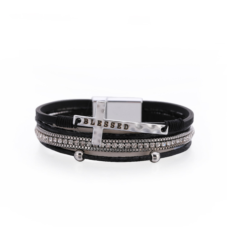 2021 New Sparking Rhinestone Crystal Cross Leather Bracelet High Quality Metal Blessed Letter Leather Bracelet For Men Bangle