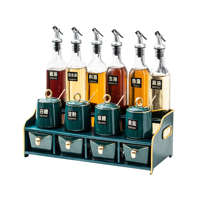 Nordic light luxury green seasoning tank box set seasoning, sauce, vinegar, oil bottles, kitchen salt shaker storage shelves