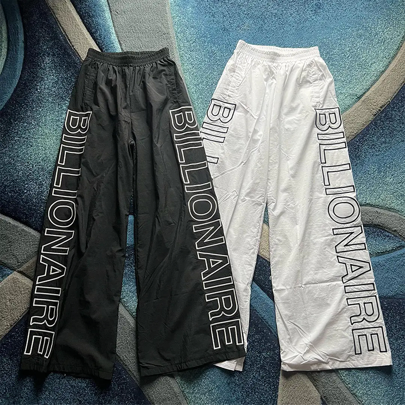 Nylon Pants with Letter Printed for Men Solid Color OEM Men's Polyester Pants Elastic Waist Loose Breathable Casual Baggy Pants