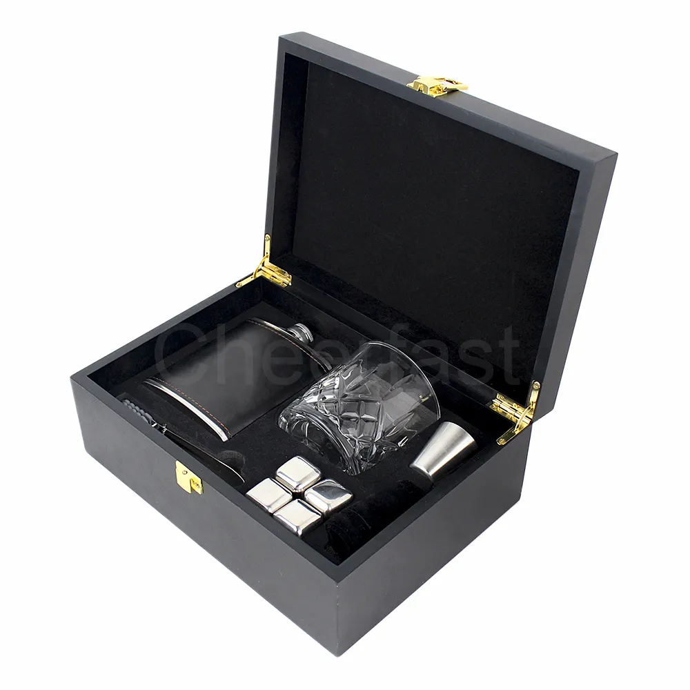 Welcome Add Your Logo Stainless Steel Whiskey Chilling Stones Wooden Box Set And Stainless Steel Hip Flask  And 8oz Hip Flask