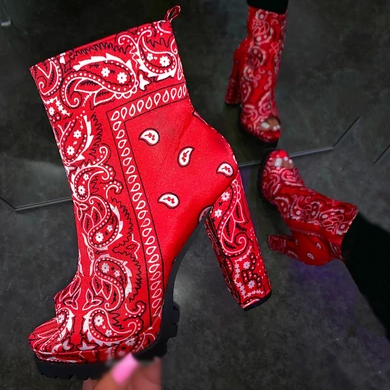 Fashion 3D Printing Blue Black Red Big Size Wholesale Dress Shoe 2020 New Bandana Silk Chunky Heel Platform Peep Toe Ankle Boots