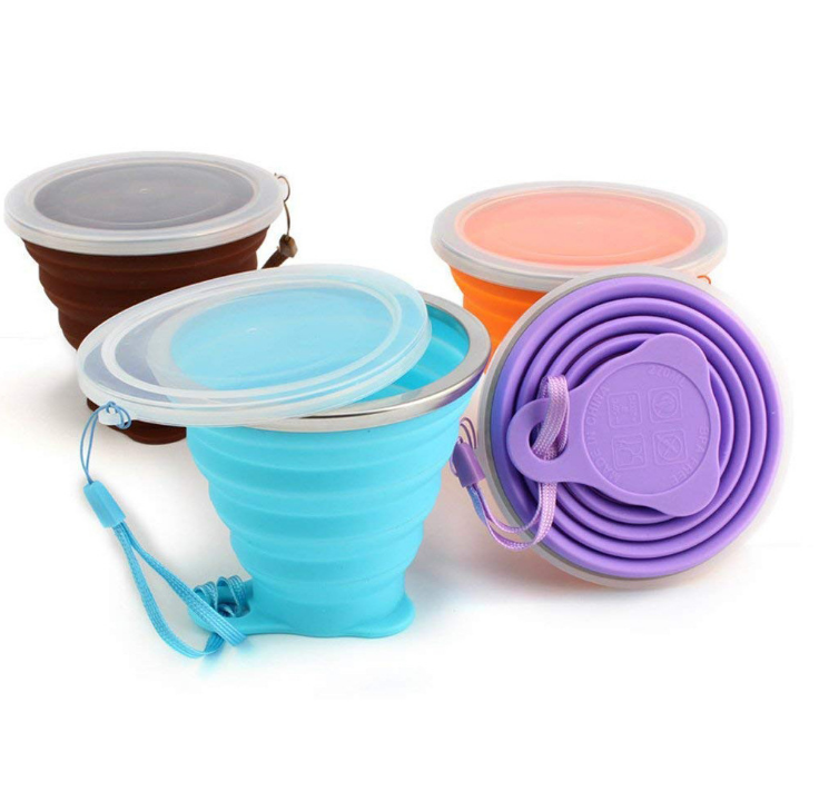 DFC5 BPA Free Reusable Portable Silicone Collapsible Travel Cup with Lids Expandable Drinking Cup for Outdoor Hiking Travel