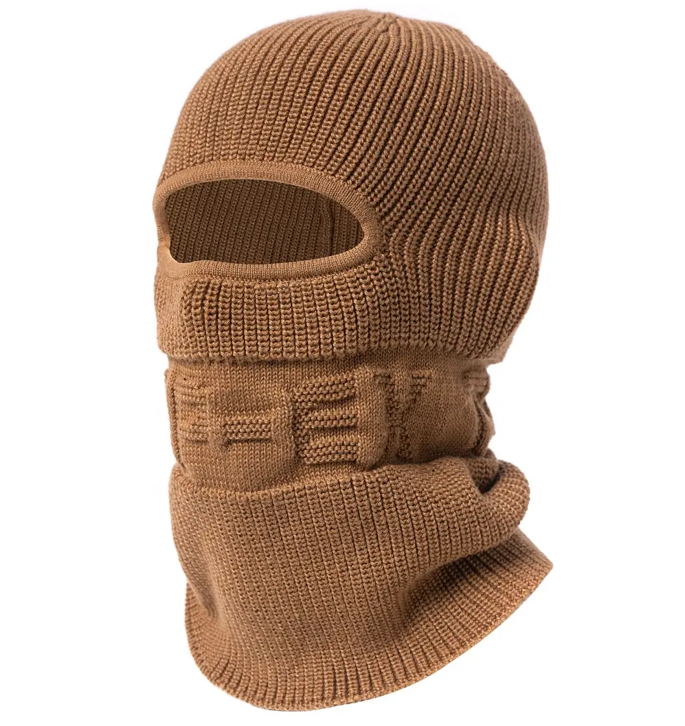 Hot Sale Outdoor Eco-friendly Polyester Brown Hiking Knitted Custom Logo Mens Facemask Snood Winter Hat Skimask Balaclava Beanie