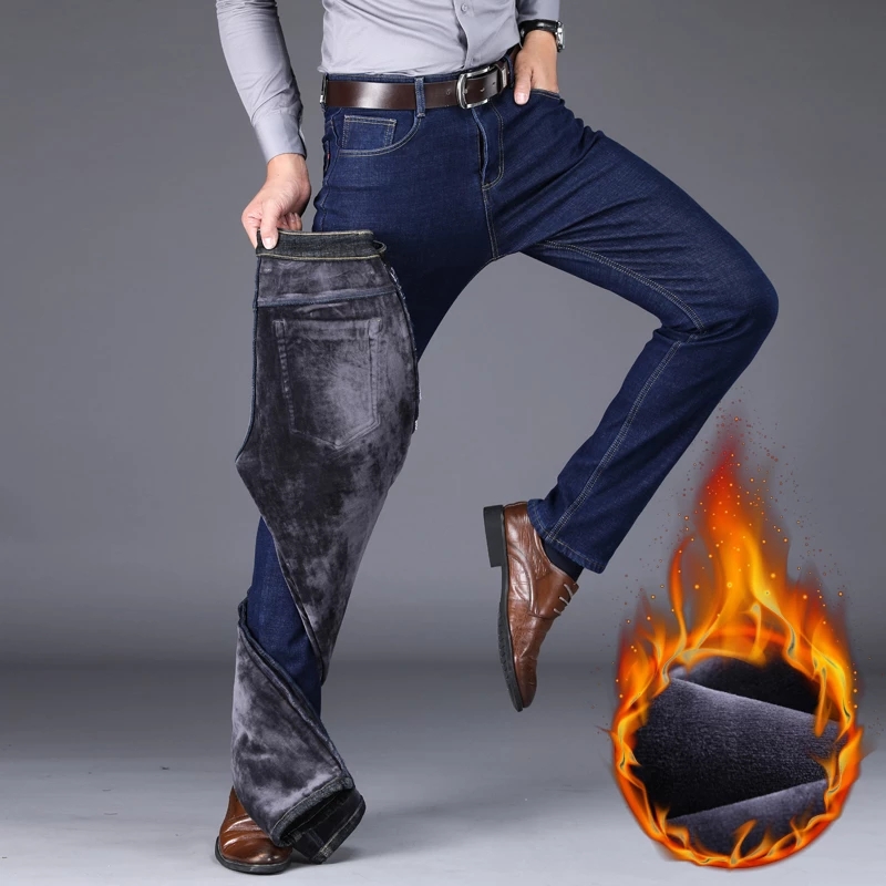2021 new winter custom business fashion thicken biker fleece denim pants manufactur skinny fit stretch jeans men