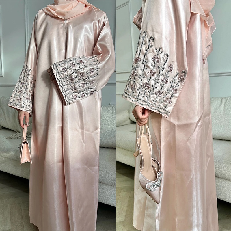 2 piece modest set new design botton pink satin abayas custom rhinestone embroidery sleeve abaya hijab for women