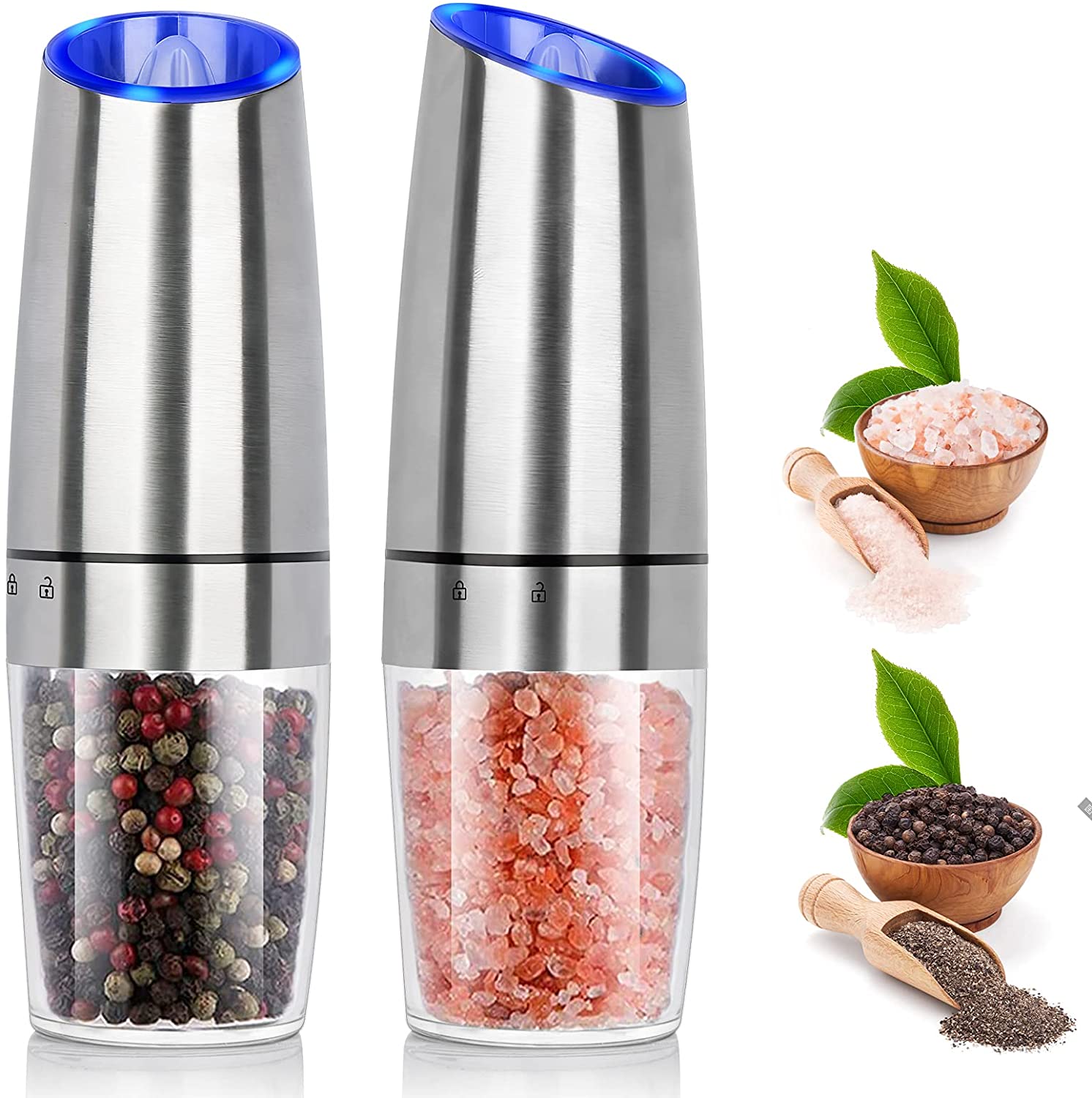 Automatic Electric Salt and Pepper Shakers Gravity Pepper Grinder Mill with Blue LED Salt and Pepper Grinder Set
