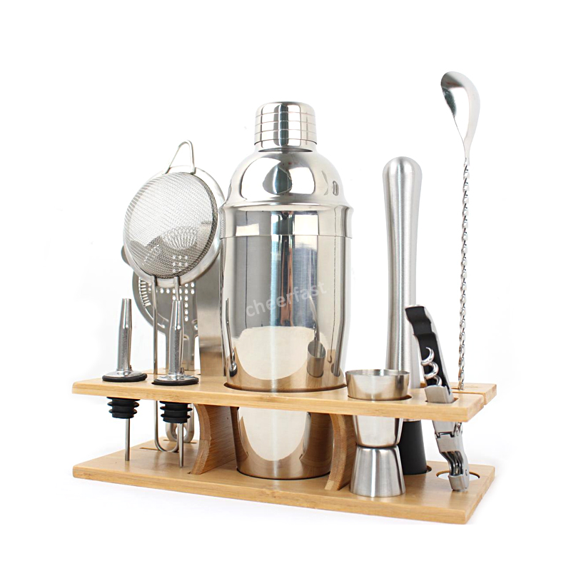 Most Popular Cocktail Jigger Cocktail Shaker 11Pcs Set Stainless Steel With Bamboo Stand 750Ml Cocktail Shaker Set Drink Mixer