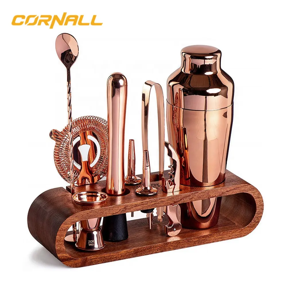 Custom Antique Copper Bartender Kit Bar Toor Set Including Cocktail Shaker 20pcs Set 500ml Stainless Steel With Bamboo Stand