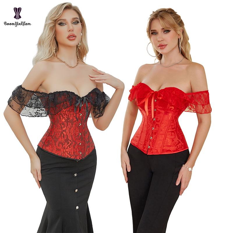 12 Glue Bones Supported Chest Binder Bustier Womens' Red Burgundy Off-Shoulder Strapless Corset Top With 6 Brooches
