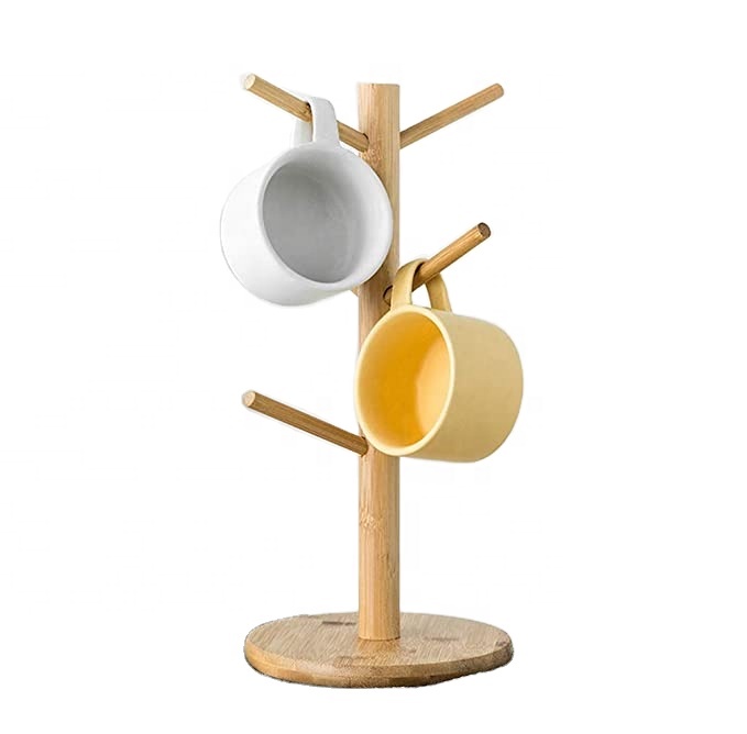 Eco-friendly Natural Bamboo Wood Holder Tree Coffee Cup Holder, Bamboo Mug Tree Stand Rack