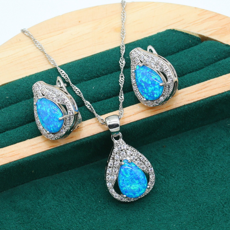 Dubai Blue Opal Silver Color Jewelry Set for Women Birthday Earrings Necklace Pendant Christmas Wedding Gift