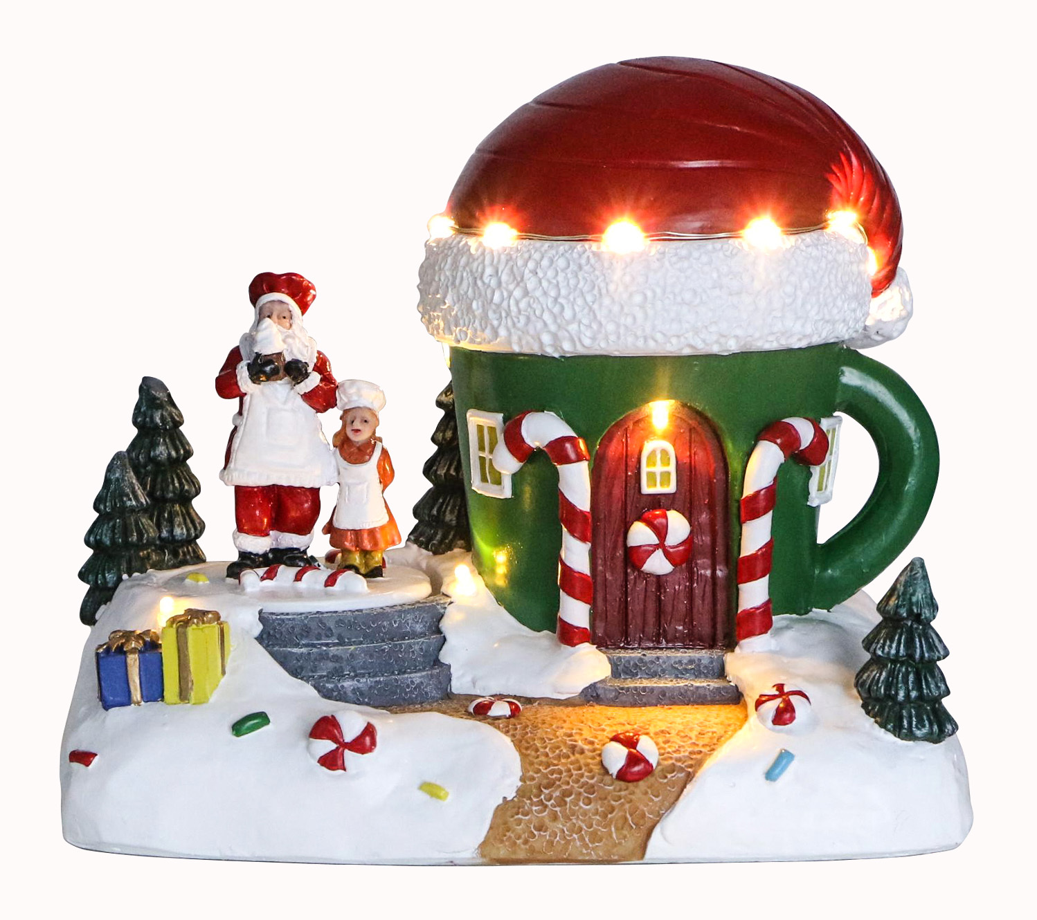 Wholesale Polyresin LED Gingerbread Cup House Christmas Village Desk Decoration Pattern-Model Animated Santa Kid Art Theme
