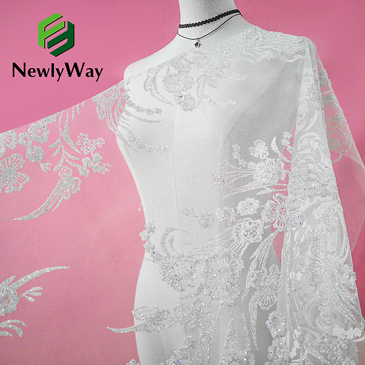 High Quality Fench Elegant Bridal Glitter Sequin Tulle Lace Embroidered Fabric For Garment Fashion Show Wedding Dress