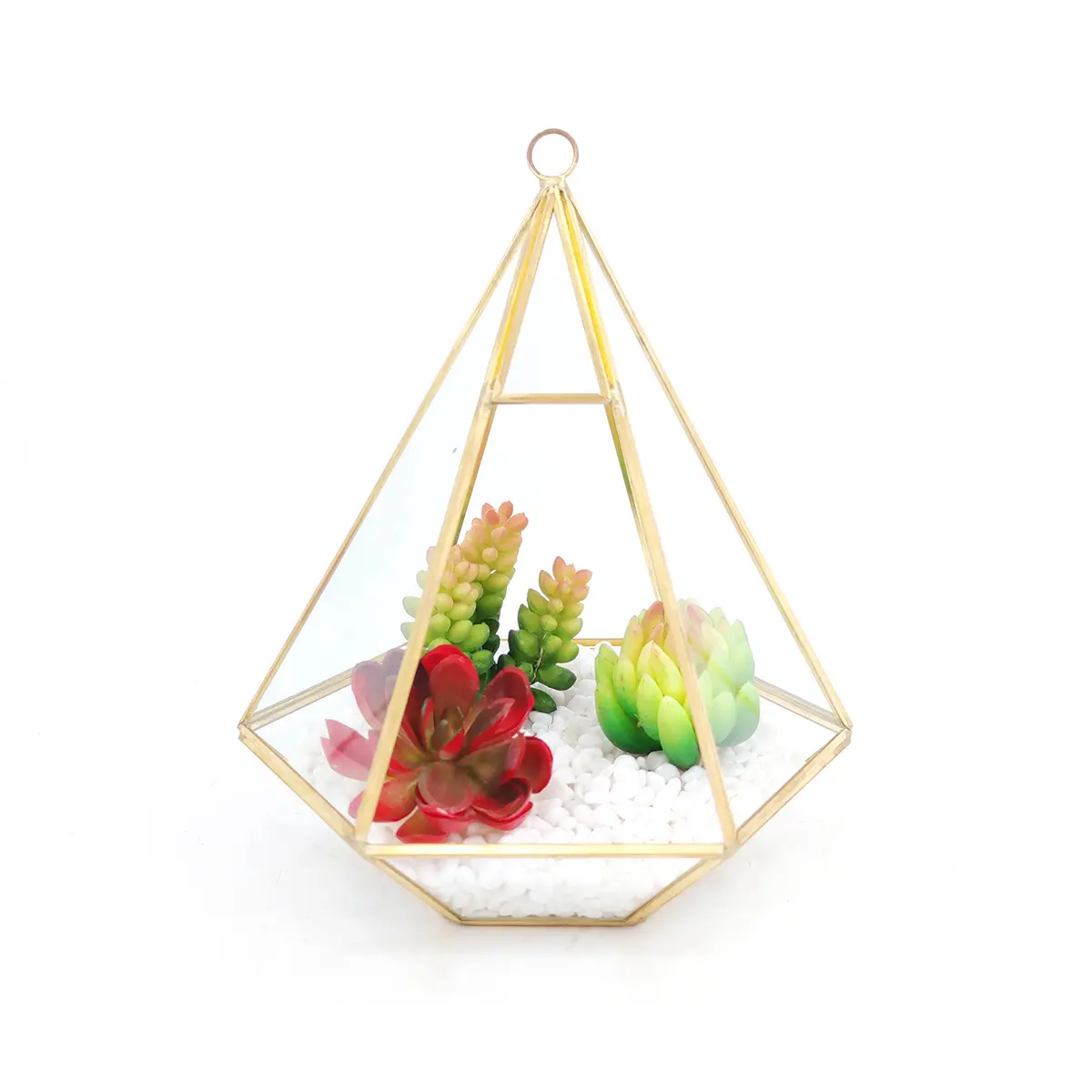 Custom Indoor Geometric Hexagon Small Copper Gold Hanging Cards Terrarium Glass Plant Wholesale