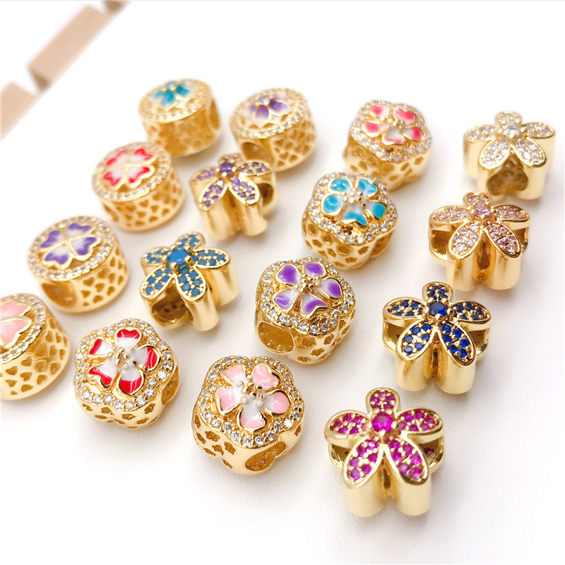 Zircon Petals Cherry Blossoms Loose Charm Beads Fit 14K Pand Designer Making Jewelry for DIY Accessories Bracelet Necklace