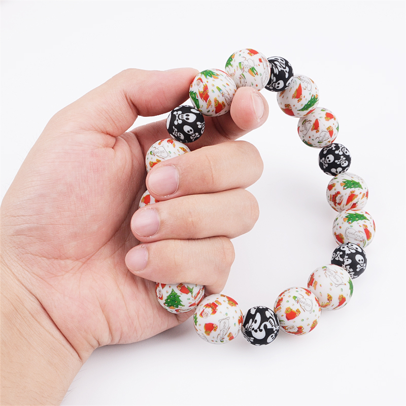 Bangxing Popular Christmas Beads Tree Printed Silicone Bracelet Sets Baby Chewable Bpa Free Silicone Teething Beads