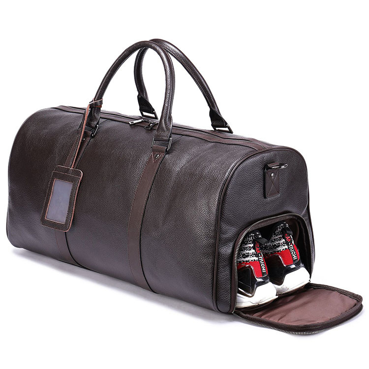 Custom Cowhide Gym Travel Bags for Men Carry on Luggage Tote Bags with Shoe Pouch Genuine Leather Weekend Bucket Duffel Bags