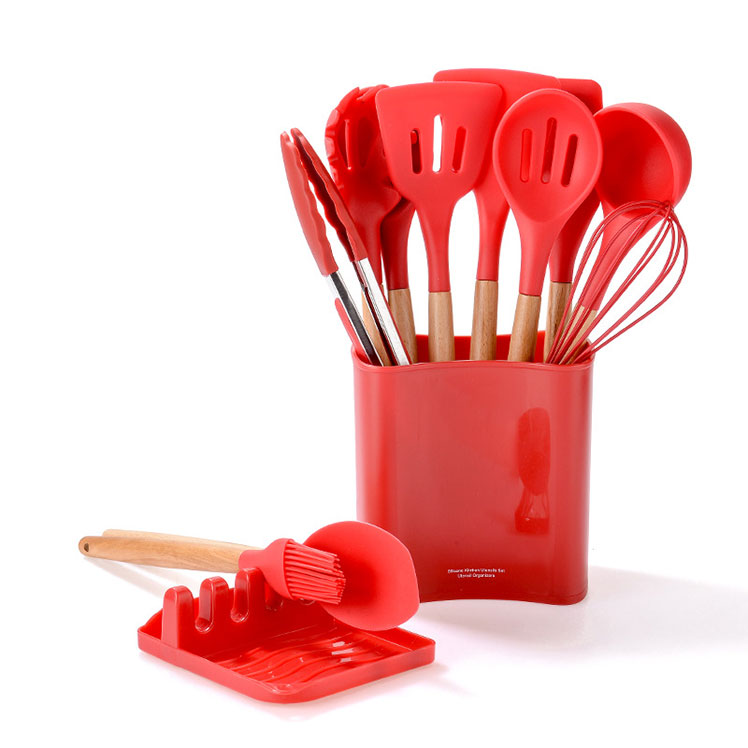 New style 12-piece multi-color silicone spoon spatula clip kitchenware set with square storage bucket