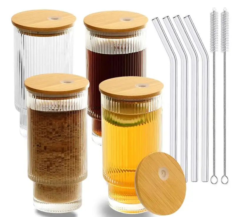Wholesale 12oz Ribbed Glassware Drinking Glasses with Lid and Straws For Cocktail Beer Coffee Tea