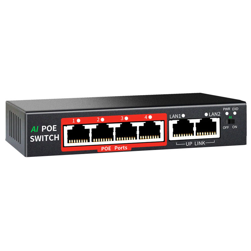 4-портовый PoE коммутатор OEM/ODM с ии, 802, 3af/at PoE + 100 Мбит/с, адаптер питания 65 Вт, увеличивается до 250 метров (4 порта PoE + 2 Uplink)