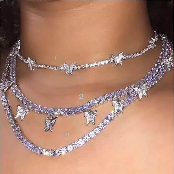 Wholesale Jewelry Silver Chain Fashion CZ Bling Butterfly Charm Pendant Cuban Choker Tennis Necklaces