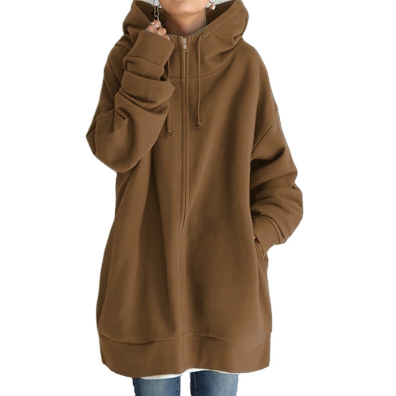 Autumn and winter new personality street sweater zipper hooded long plus velvet sweater for women