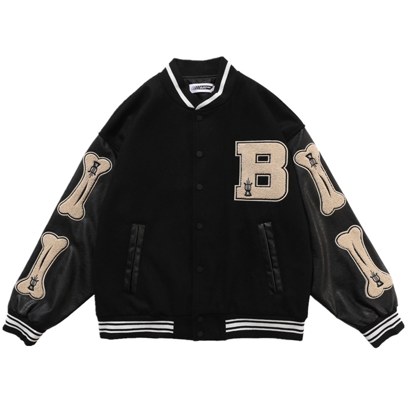 2021 fashion men's hip hop towel applique embroidery color block PU leather sleeve college sports college baseball cargo jacket