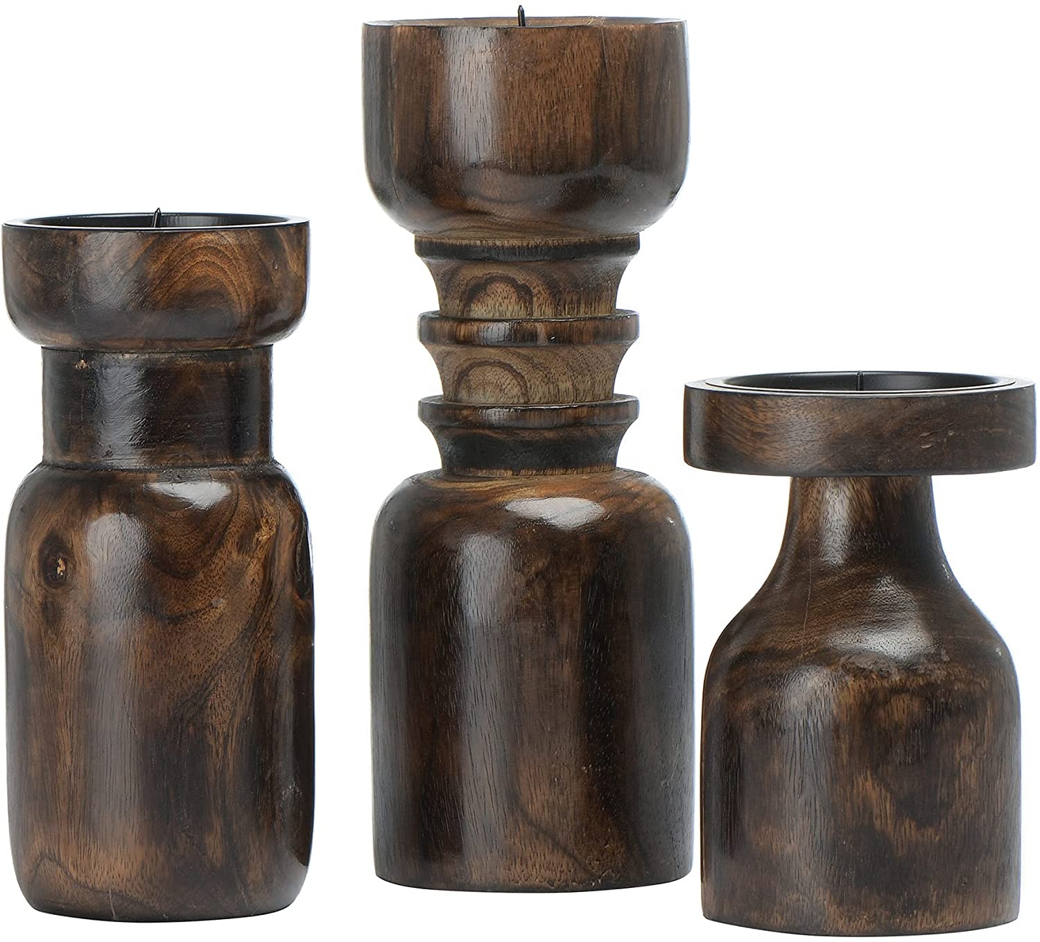 Brown Mango Wood Pillar Candleholder Set of 3, Stained Wood