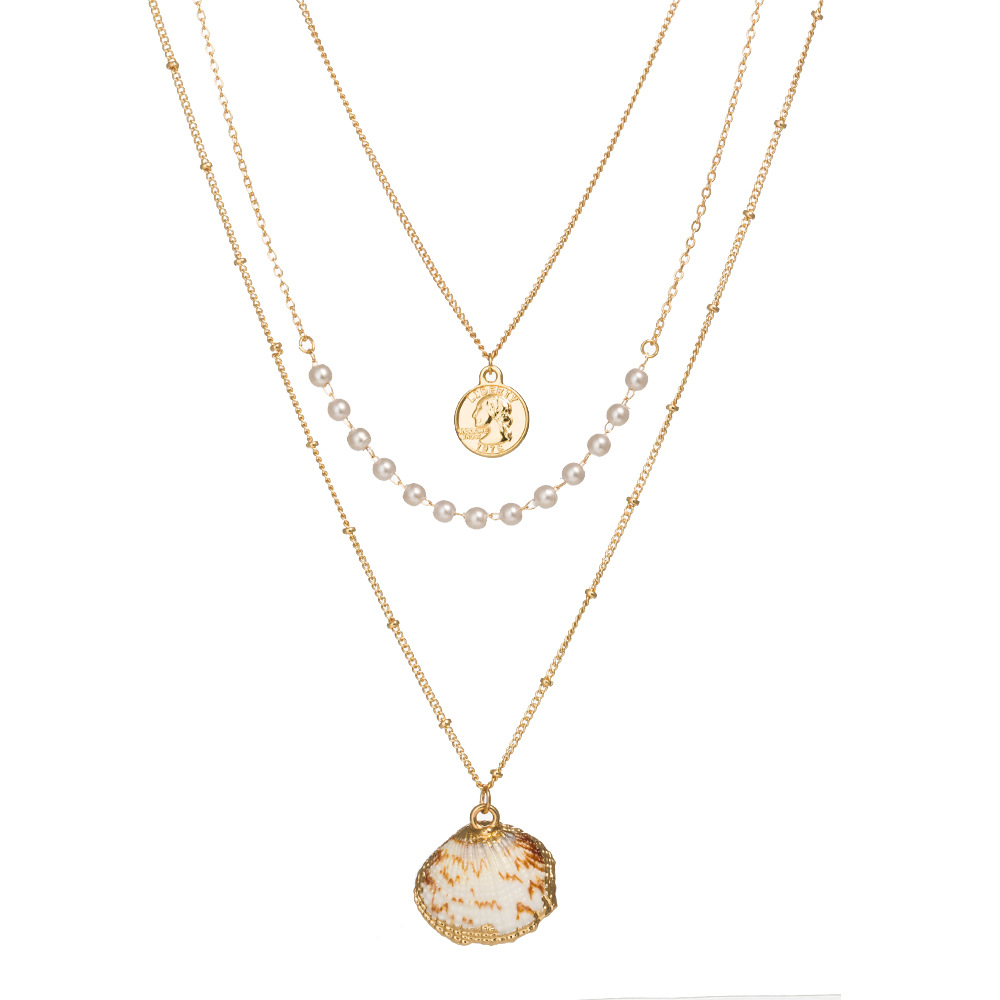 Ladies Summer Beach Jewelry Gold Plated Elizabeth Coin Dainty Multilayer Necklace Natural Shell Handmade Pearl Necklace