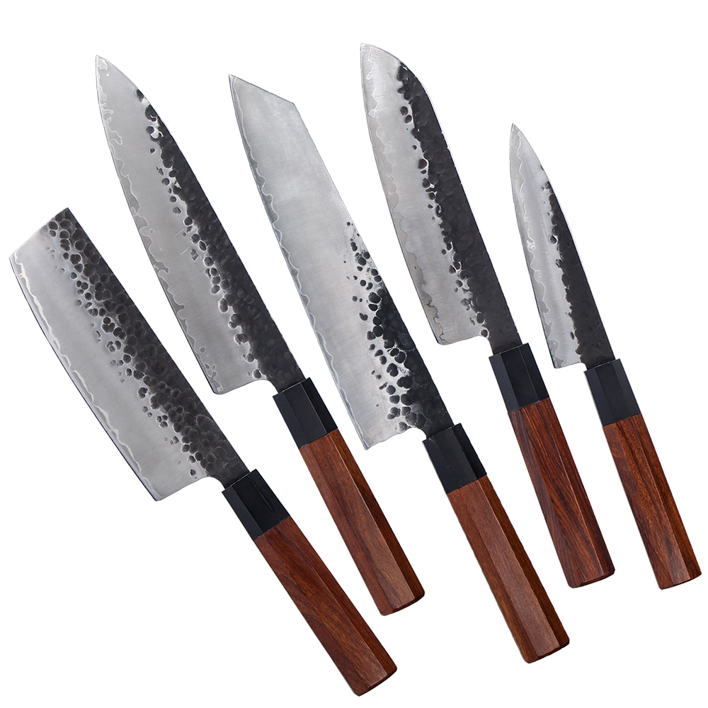 5pcs Kitchen 9Cr18Mov Fixed Blade Design Hammer Handmade Pattern Slicing Layer Chef Knife Sets