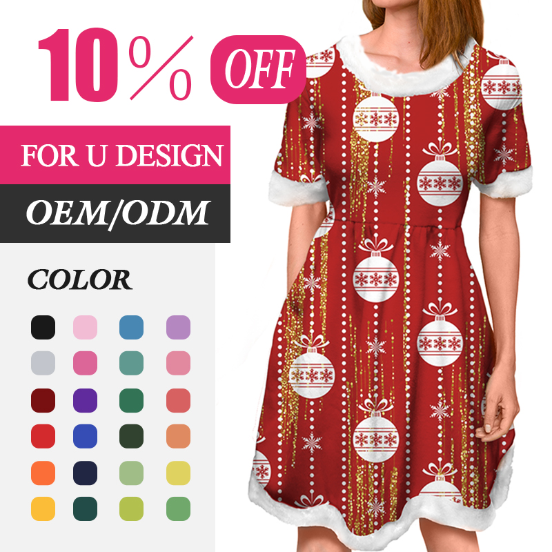 Kleid OEM индивидуальный дизайн с бесплатным принтом 2021 зимние Рождественские Элегантные платья с коротким рукавом и круглым вырезом из мягкого флиса теплые повседневные женские платья