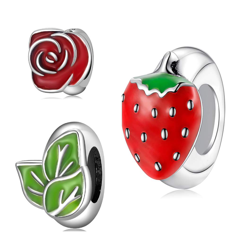 Fruite Shaped 925 Sterling Silver Fine Jewelry Making Charms Pineapple Rose Strawberry Enamel DIY Bracelet Stopper Beads