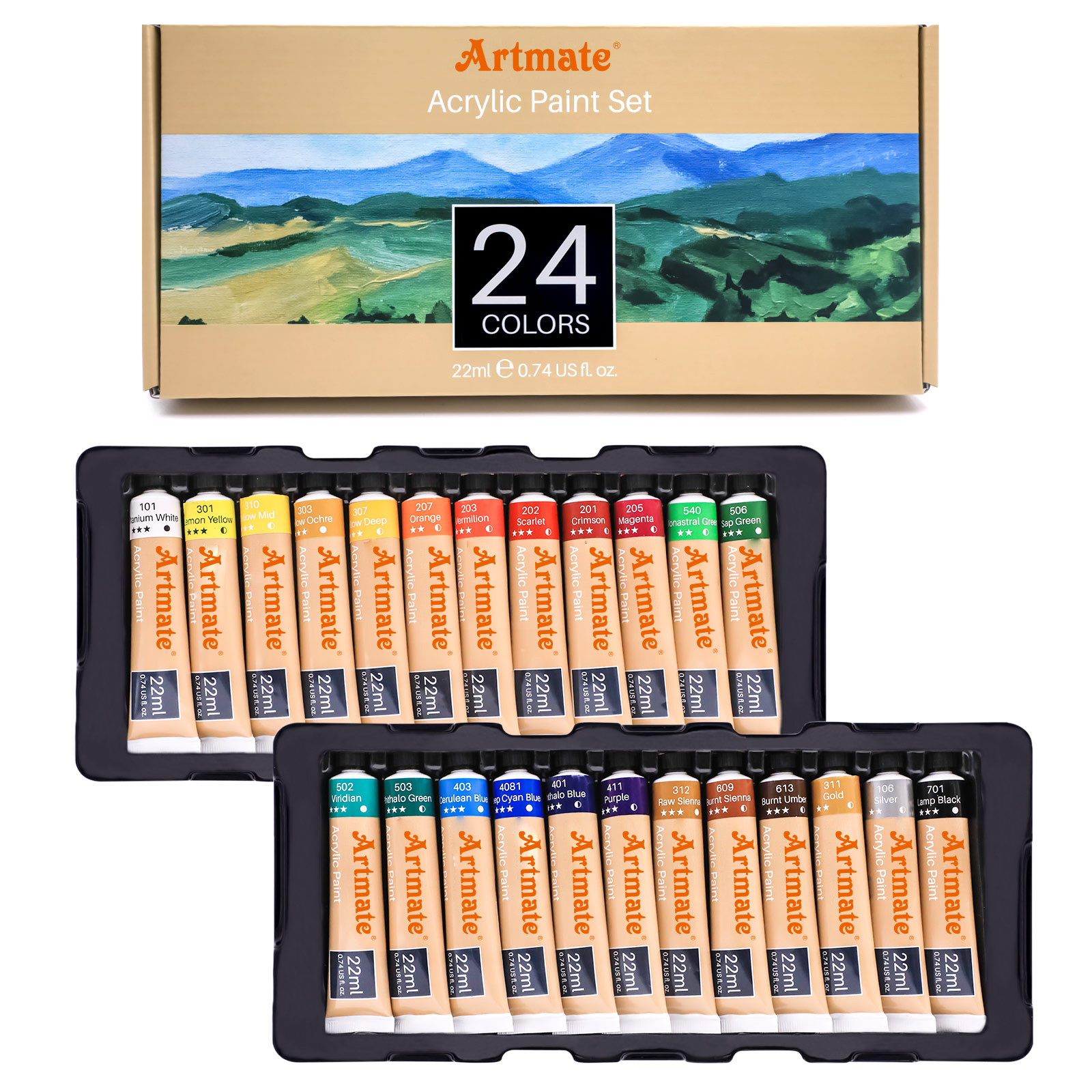 Набор художественной акриловой краски Artmate, 24 цвета, 0,74 унций/22 мл, набор акриловых красок, акриловые краски для студентов и художников