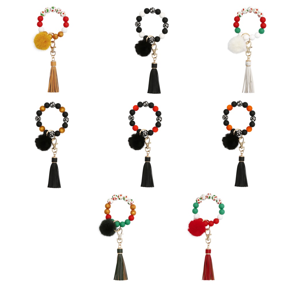 Christmas Halloween Santa Claus Pattern colorful Silicone Beads Bracelet Keychain For Women girl Hair Balls Tassel Skull Keyring