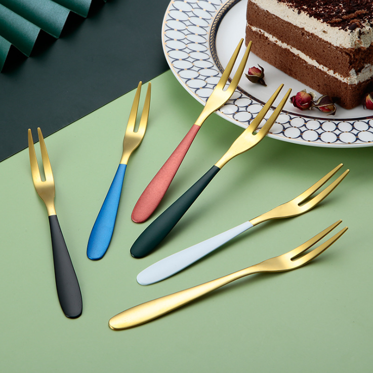 304 stainless steel fruit fork set, net red hot cake two-tooth small fork, gold-plated, light and luxurious