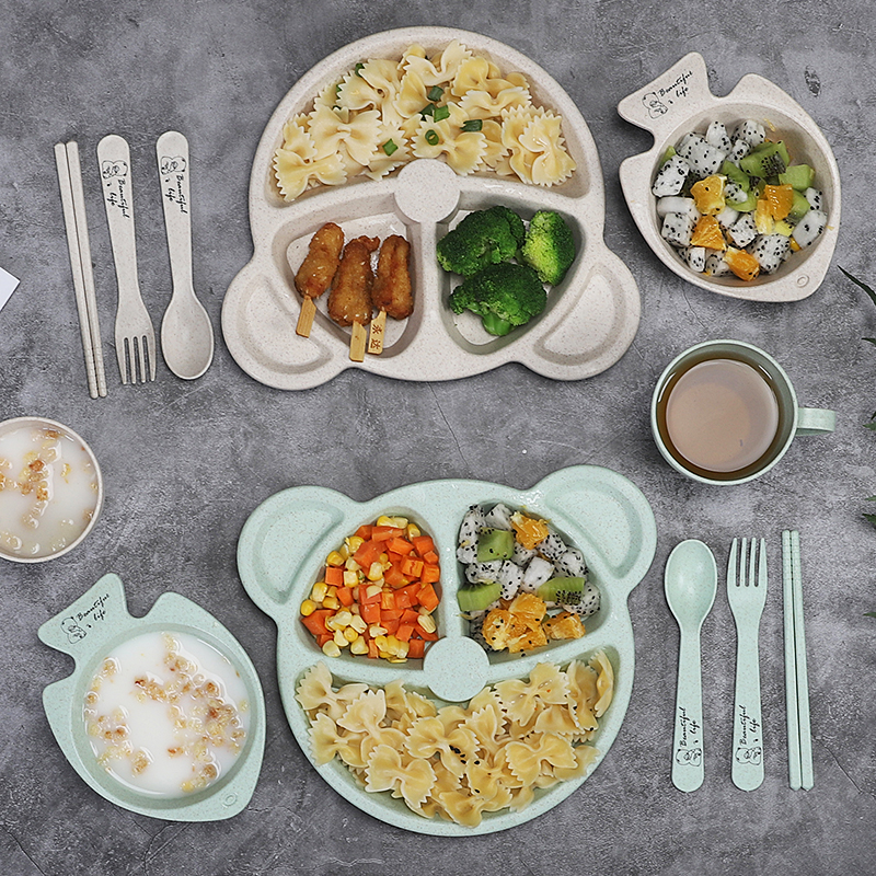 Custom logo eco-friend wheat straw cartoon plate dish kids dinnerware set low price tableware set