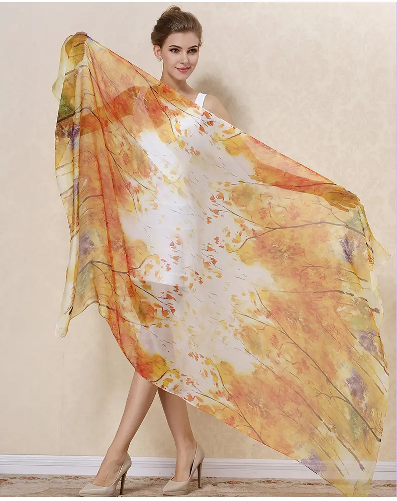 Fashion Ladies Long Sheer 100% Pure Silk Chiffon Custom Printed Scarves