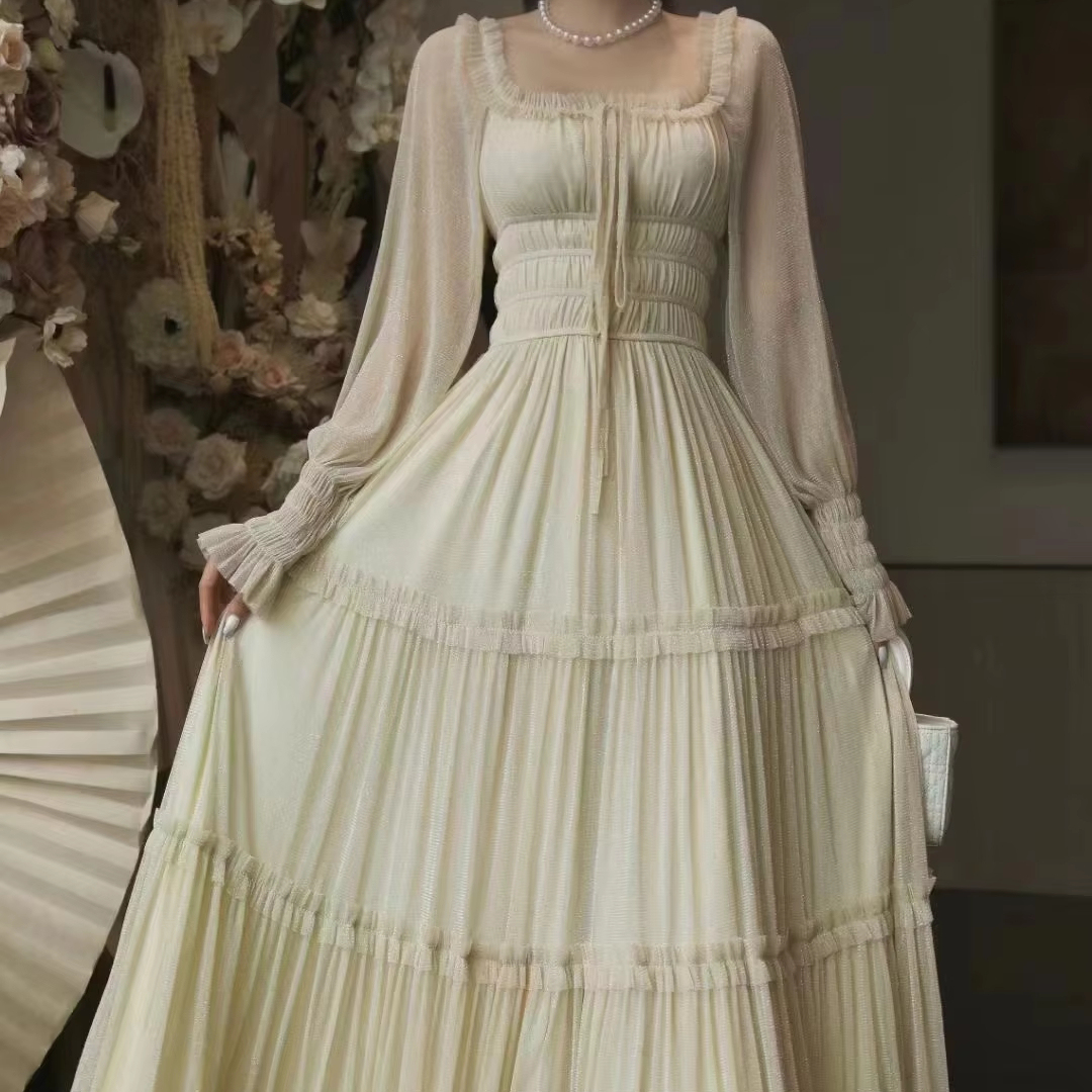 New Slim Elegant Dress Solid Hot Sale Women's Dresses 2024 Holiday Pleated Mesh square Collar Long Women's Clothing