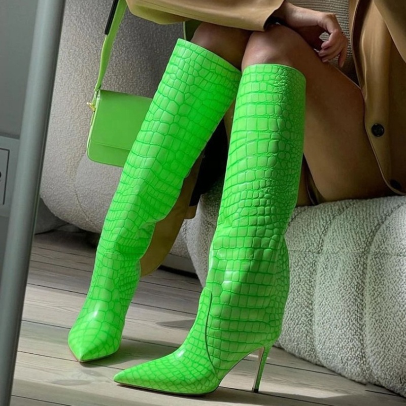 Florescent Green Crocodile Print Leather Boots Short Knee High Winter Fashion Shoes Booty Pointed Toe Heel Big Size 43